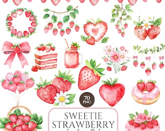 Clipart fraise, ensemble PNG aquarelle, thème du premier anniversaire, clipart baby shower, dessert aux fraises et ballon, décoration de chambre d'enfant