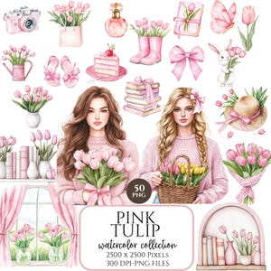 Rosa Frühling Clipart, Aquarell Tulpe PNG, Chic Cottagecore Frühling Clipart, rosa Kranz und florale Elemente, süßes Planer Clipart Bundle