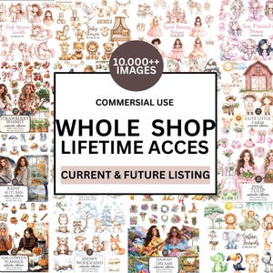 Può includere: Un collage di illustrazioni ad acquerello con vari temi, tra cui unicorni, sirene, baby shower ed elementi stagionali. L'immagine include il testo che recita "10.000++ IMAGES", "COMMERCIAL USE", "WHOLE SHOP LIFETIME ACCES" e "CURRENT & FUTURE LISTING".