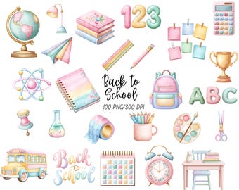 Pastel School Clipart, Back to School PNG, Classroom Decor, Teacher Supplies, School Stationery, Digital Download, Commercial Use