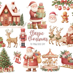 Può includere: Illustrazioni ad acquerello a tema natalizio. Include Babbo Natale, un albero di Natale decorato, un omino di pan di zenzero, renne, uno schiaccianoci, una giostra e una casa rossa con neve. È presente anche il testo "Classic Christmas".
