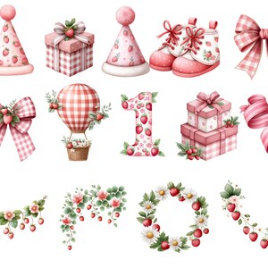 May include: Watercolor illustrations of party decorations and accessories with a strawberry theme. Includes party hats, gift boxes, baby shoes, bows, a hot air balloon, the number one, a ribbon, and floral arrangements. The color palette is primarily pink and red.