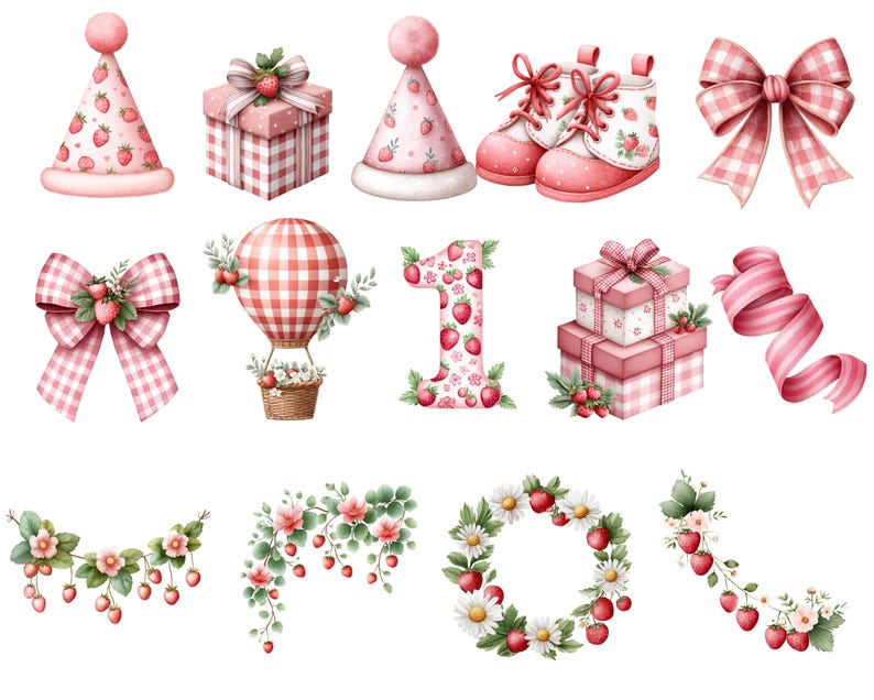 May include: Watercolor illustrations of party decorations and accessories with a strawberry theme. Includes party hats, gift boxes, baby shoes, bows, a hot air balloon, the number one, a ribbon, and floral arrangements. The color palette is primarily pink and red.