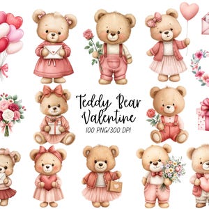 Puede incluir: Ilustraciones en acuarela de osos de peluche en varias poses, sosteniendo globos, flores y regalos. Los osos visten trajes rosas y rojos, con corazones y lazos. El texto dice "Teddy Bear Valentine".