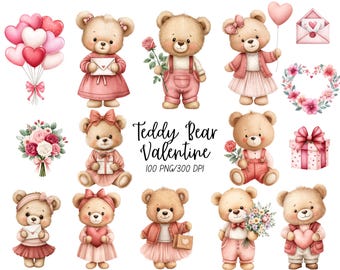 Watercolor Teddy Bear Valentine Clipart, Valentine's Day Clipart, Cute Bears PNG, Love Clipart, Baby Shower, Nursery PNG, Digital