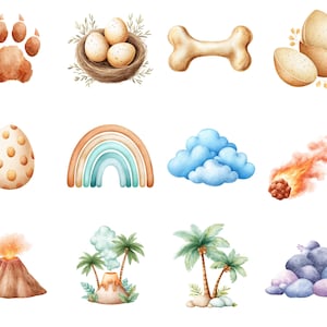 Cute Watercolor Dinosaur Clipart for Nursery Decor, Baby Shower and Birthday Party PNGs, T-Rex Dino Egg Graphic Illustrations for Kids image 4
