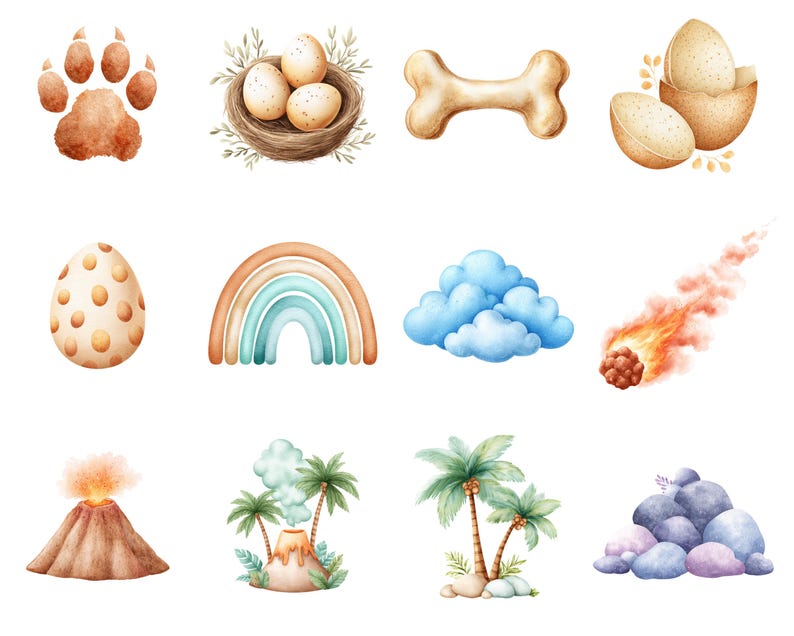 Cute Watercolor Dinosaur Clipart for Nursery Decor, Baby Shower and Birthday Party PNGs, T-Rex Dino Egg Graphic Illustrations for Kids image 4