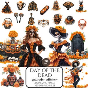 Watercolor Day of the Dead Clipart, Dia de Muertos PNG, Mexican Halloween Art, Sugar Skull & Ghost, Papel Picado, Digital Download