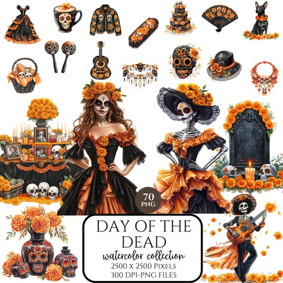 Watercolor Day of the Dead Clipart, Dia de Muertos PNG, Mexican Halloween Art, Sugar Skull & Ghost, Papel Picado, Digital Download