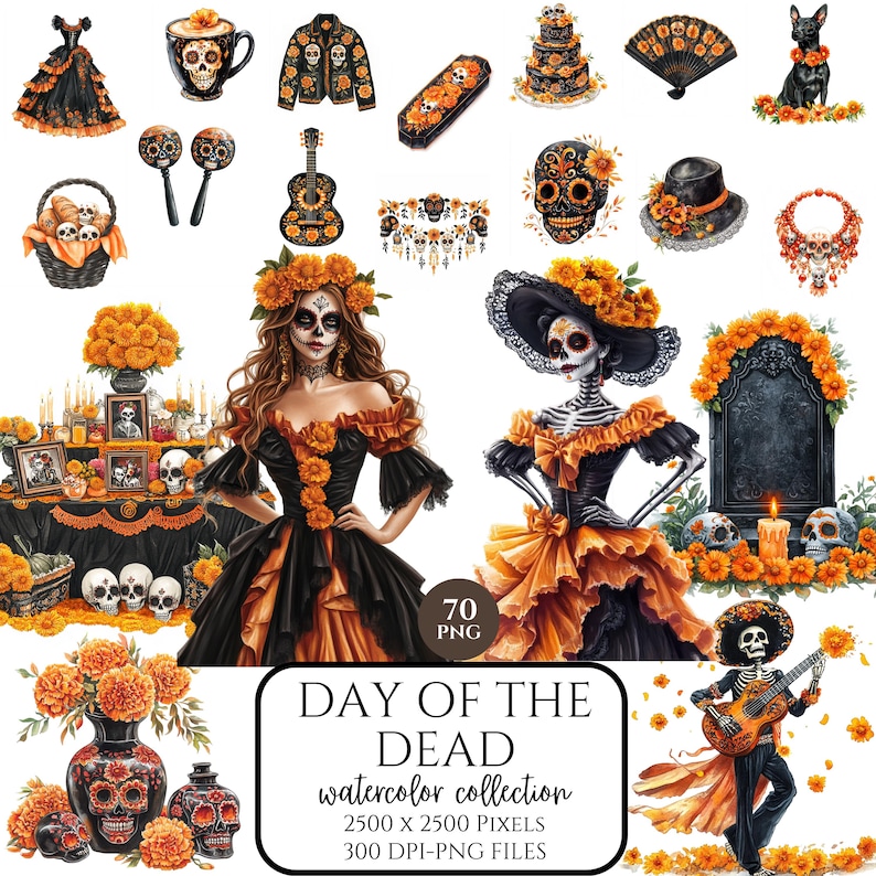 Watercolor Day of the Dead Clipart, Dia de Muertos PNG, Mexican Halloween Art, Sugar Skull & Ghost, Papel Picado, Digital Download