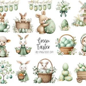 Pode incluir: Ilustrações em aquarela com tema de Páscoa. A imagem apresenta coelhos, pintinhos, ovos e um moinho de vento em tons suaves de verde e bege. Alguns elementos incluem detalhes florais e cestas. O texto "Green Easter" também está presente.