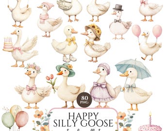 Silly Goose Clipart, Whimsical Spring Cottagecore PNG, Cute Vintage Goose Illustration, Baby Shower and Birthday Decor
