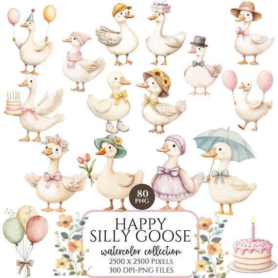 Silly Goose Clipart, Whimsical Spring Cottagecore PNG, Cute Vintage Goose Illustration, Baby Shower and Birthday Decor