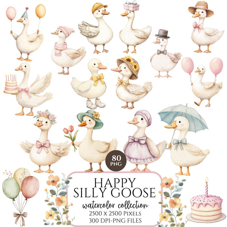 Silly Goose Clipart, Whimsical Spring Cottagecore PNG, Cute Vintage Goose Illustration, Baby Shower and Birthday Decor