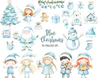 Blue Christmas Clipart Pack, Winter Wonderland Clipart, Blue Christmas Tree, Santa Clipart, Snowman PNG, Blue Christmas Png, Hygge Clipart