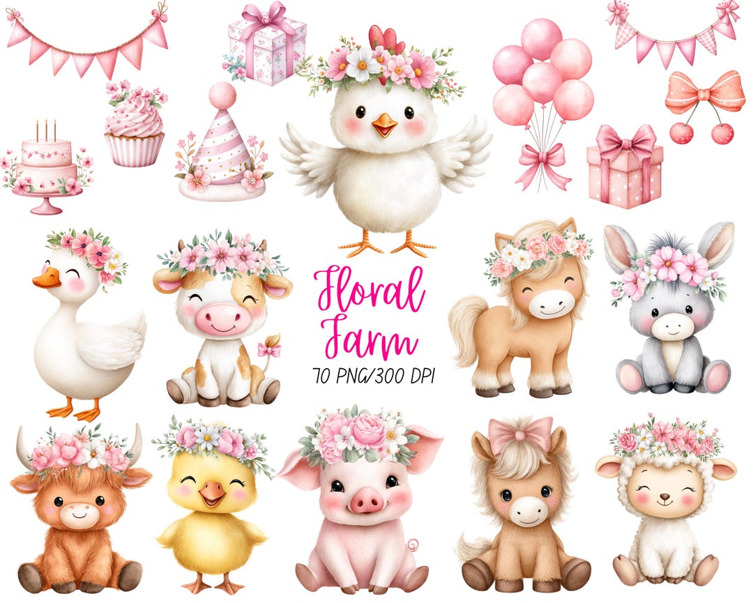 Pink Farm Clipart, Cute Farm Animals PNG, Barnyard Baby Shower, Digital ...