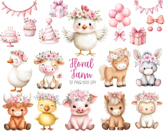 Pink Farm Clipart, Cute Farm Animals PNG, Barnyard Baby Shower,  Digital Download, Girl's Farm Birthday Decor, Spring Farm