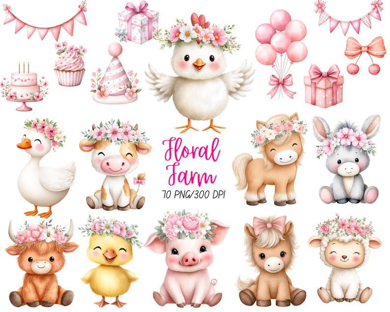 Pink Farm Clipart, Cute Farm Animals PNG, Barnyard Baby Shower, Digital ...