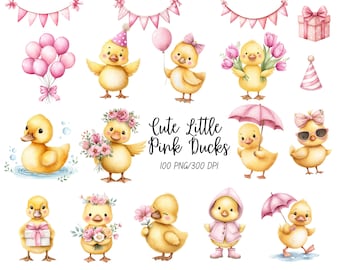Girl Yellow Duck Clipart, One Lucky Duck Birthday Invitation, One Lucky Duck Pink, Rubber Duck PNG, Duck With Umbrella, Flowers, Balloon PNG