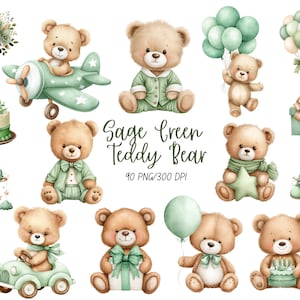 Może przedstawiać: Akwarelowe ilustracje szałwiowych pluszowych misiów z akcesoriami. Obraz zawiera pluszowego misia w samolocie, samochodzie i trzymającego balony. Inne misie są pokazane z gwiazdą, prezentem i ciastem. Tekst "Sage Green Teddy Bear" jest również dołączony.