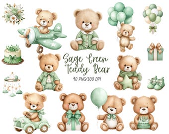 May include: Watercolor illustrations of sage green teddy bears with accessories. The image includes a teddy bear in a plane, a car, and holding balloons. Other bears are shown with a star, a gift, and a cake. The text "Sage Green Teddy Bear" is also included.
