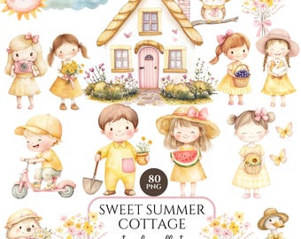 Clipart letni, Cottagecore dla dzieci i zwierząt, akwarela kwiatowa, rustykalna farma PNG, różowo-żółta kratka gingham, wystrój pokoju dziecięcego, zastosowanie komercyjne