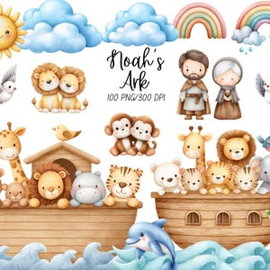 May include: Watercolor illustration of Noah's Ark with pairs of animals, Noah and his wife, rainbows, clouds, a sun, and doves. The text "Noah's Ark" is written in a script font.