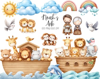 Cute Noah's ark watercolor clip art, nursery decor, bibble clipart, neutral clip art, Baby animals, Cute Animals , Noah Ark, Nursery clipart