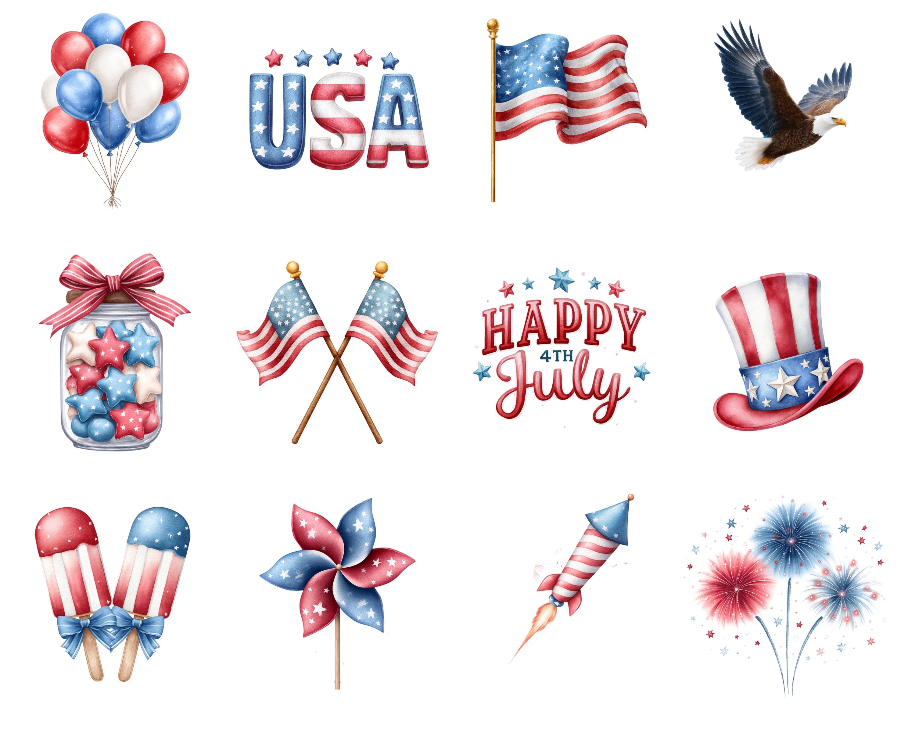 4th of July Clipart Watercolor PNG | Independence Day Fireworks, Red ...