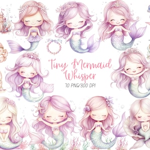 Watercolor Baby Mermaid Clipart, Cute Sea Creatures PNG, Little Mermaid Baby Shower, Mermaid Party Favors, Sea World, Commercial Use