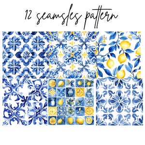 May include: A collection of 12 seamless patterns in blue, yellow, and white. The patterns include floral designs, lemon branches, and tile motifs. The text "12 seamless pattern" is written in black script at the top.