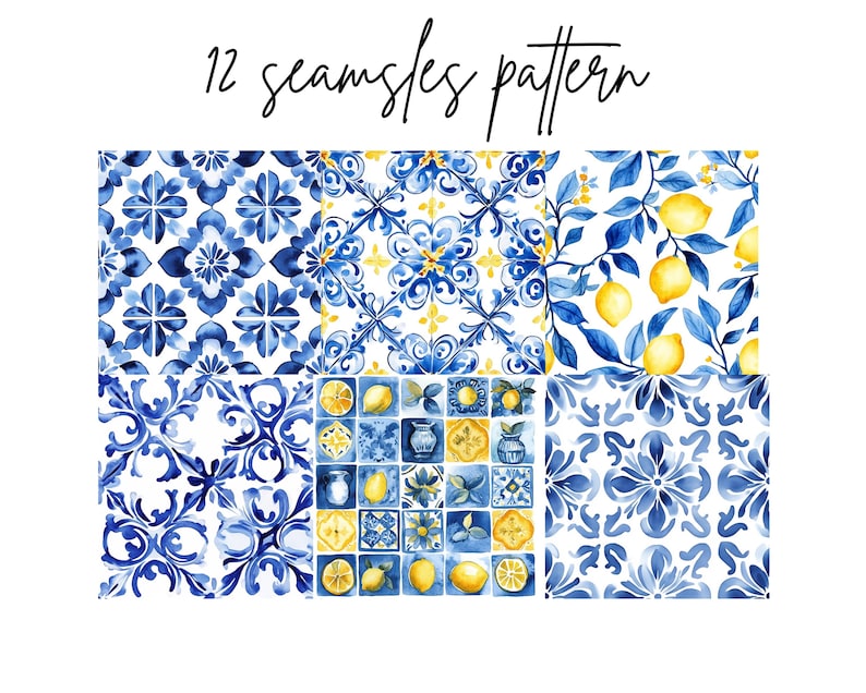 May include: A collection of 12 seamless patterns in blue, yellow, and white. The patterns include floral designs, lemon branches, and tile motifs. The text "12 seamless pattern" is written in black script at the top.