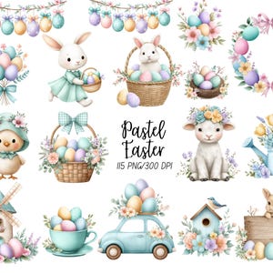 May include: A collection of watercolour illustrations featuring Easter themes in pastel shades. Depicted are bunnies, chicks, eggs, baskets, flowers, a lamb, a car, and a birdhouse. The words "Pastel Easter" are also visible.