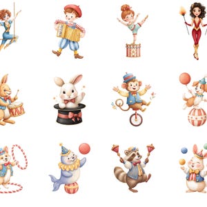 May include: A collection of whimsical circus-themed illustrations. The images feature various performers and animals, including a trapeze artist, an accordion player, a unicycling monkey, and a juggling rabbit. Each character is depicted in colorful attire, set against a white background.