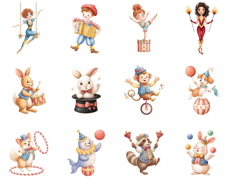 May include: A collection of whimsical circus-themed illustrations. The images feature various performers and animals, including a trapeze artist, an accordion player, a unicycling monkey, and a juggling rabbit. Each character is depicted in colorful attire, set against a white background.