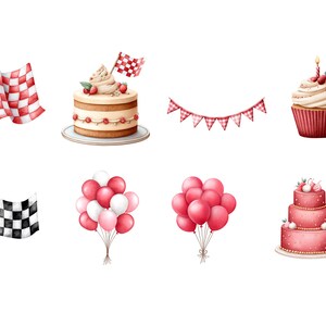 Puede incluir: Ilustraciones en acuarela de decoraciones de fiesta y postres. Incluye una bandera a cuadros roja y blanca, un pastel de dos capas con fresas, una magdalena con una vela y globos. Tambi&eacute;n incluye una pancarta y un pastel de tres capas.
