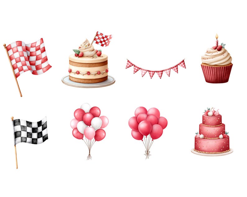Puede incluir: Ilustraciones en acuarela de decoraciones de fiesta y postres. Incluye una bandera a cuadros roja y blanca, un pastel de dos capas con fresas, una magdalena con una vela y globos. Tambi&eacute;n incluye una pancarta y un pastel de tres capas.