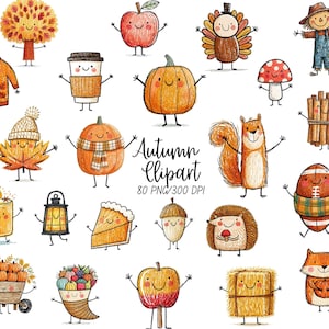 May include: A collection of hand-drawn autumn-themed illustrations featuring a tree, apple, turkey, scarecrow, sweater, coffee cup, pumpkin, mushroom, leaf, squirrel, cinnamon sticks, candle, lantern, pie, acorn, hedgehog, football, wheelbarrow, cornucopia, and fox. Text reads Autumn Clipart 80 PNG/300 DPI.