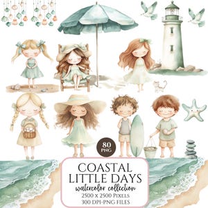 Clipart costero, lindos niños bohemios de verano, decoración náutica, conchas marinas, patrones sin costuras, invitación de cumpleaños, uso comercial