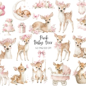 Puede incluir: Una colección de ilustraciones en acuarela con cervatillos, flores rosas, globos, una caja de regalo, un pastel, un cochecito y una cesta. El texto dice Pink Baby Deer 140 PNG/300 DPI. Los cervatillos llevan lazos y coronas de flores rosas.