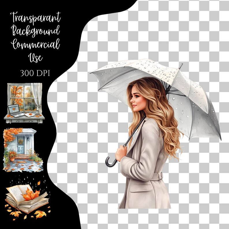 May include: Illustration of a woman with long blonde hair holding a white umbrella. She wears a light-colored coat. The image includes text: "Transparent Background Commercial Use 300 DPI" and autumn-themed illustrations.