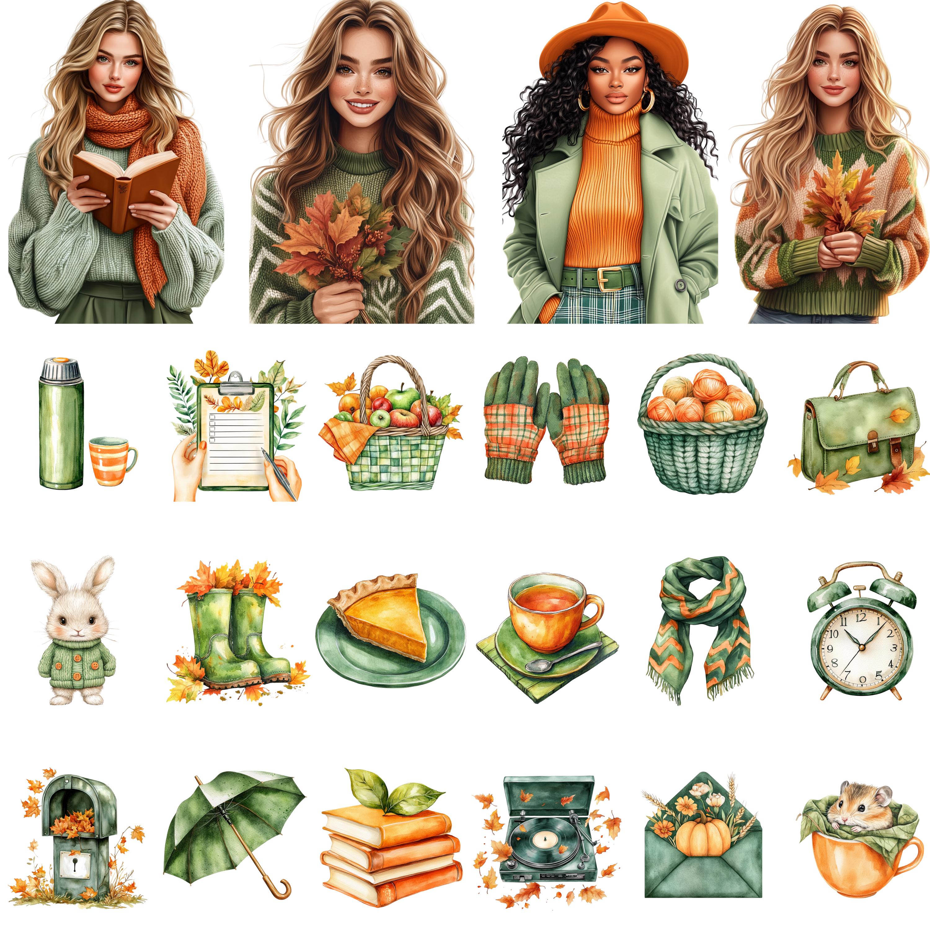 Watercolor Fall Clipart Bundle, Cozy Autumn PNG, Pumpkin & Fall Leaves ...