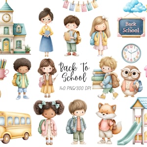 Peut inclure: Illustration à l'aquarelle avec des éléments sur le thème de l'école. Comprend un bâtiment scolaire, des enfants avec des sacs à dos, un bus scolaire, un hibou, un renard, une horloge et le texte "Back to School". Comprend également un globe, des crayons et une aire de jeux.