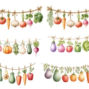 May include: Watercolor illustrations of various vegetables hanging from a rope with clothespins. The vegetables include tomatoes, carrots, garlic, radishes, broccoli, pumpkins, eggplants, peppers, and pears. The illustrations have a rustic, farm-to-table theme.