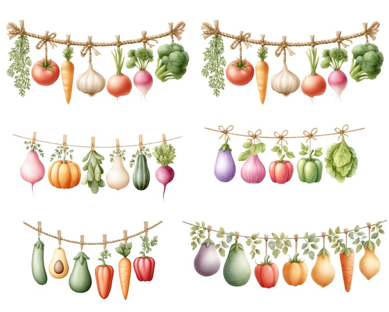 May include: Watercolor illustrations of various vegetables hanging from a rope with clothespins. The vegetables include tomatoes, carrots, garlic, radishes, broccoli, pumpkins, eggplants, peppers, and pears. The illustrations have a rustic, farm-to-table theme.
