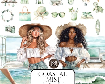 Watercolor Coastal Clipart Bundle, Neutral Beach Time PNG, Summer Fashion Vacation Clipart, Coastal Aesthetic, Commercial Use