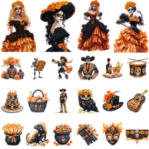 May include: A collection of D&iacute;a de Muertos (Day of the Dead) themed illustrations. The images include costumed figures, skulls, marigolds, musical instruments, and decorative items. The color palette features black, orange, and yellow.