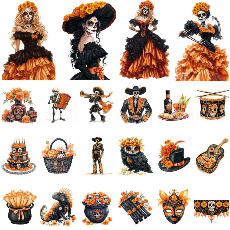 May include: A collection of D&iacute;a de Muertos (Day of the Dead) themed illustrations. The images include costumed figures, skulls, marigolds, musical instruments, and decorative items. The color palette features black, orange, and yellow.