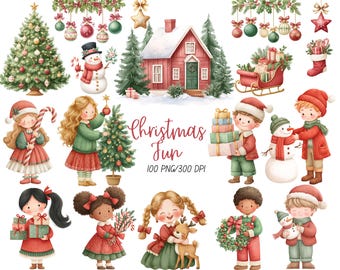 May include: A watercolour illustration of Christmas scenes. It features a decorated Christmas tree, a snowman, a red house, children, gifts, and ornaments. The text "Christmas Fun" is also present.