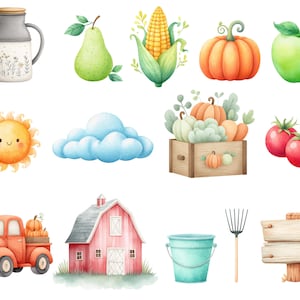 May include: Watercolor illustration of various autumn harvest items. Includes a milk jug, pear, corn, pumpkin, apple, sun, cloud, crate of pumpkins, tomatoes, truck with pumpkins, barn, bucket, rake, and a wooden sign.